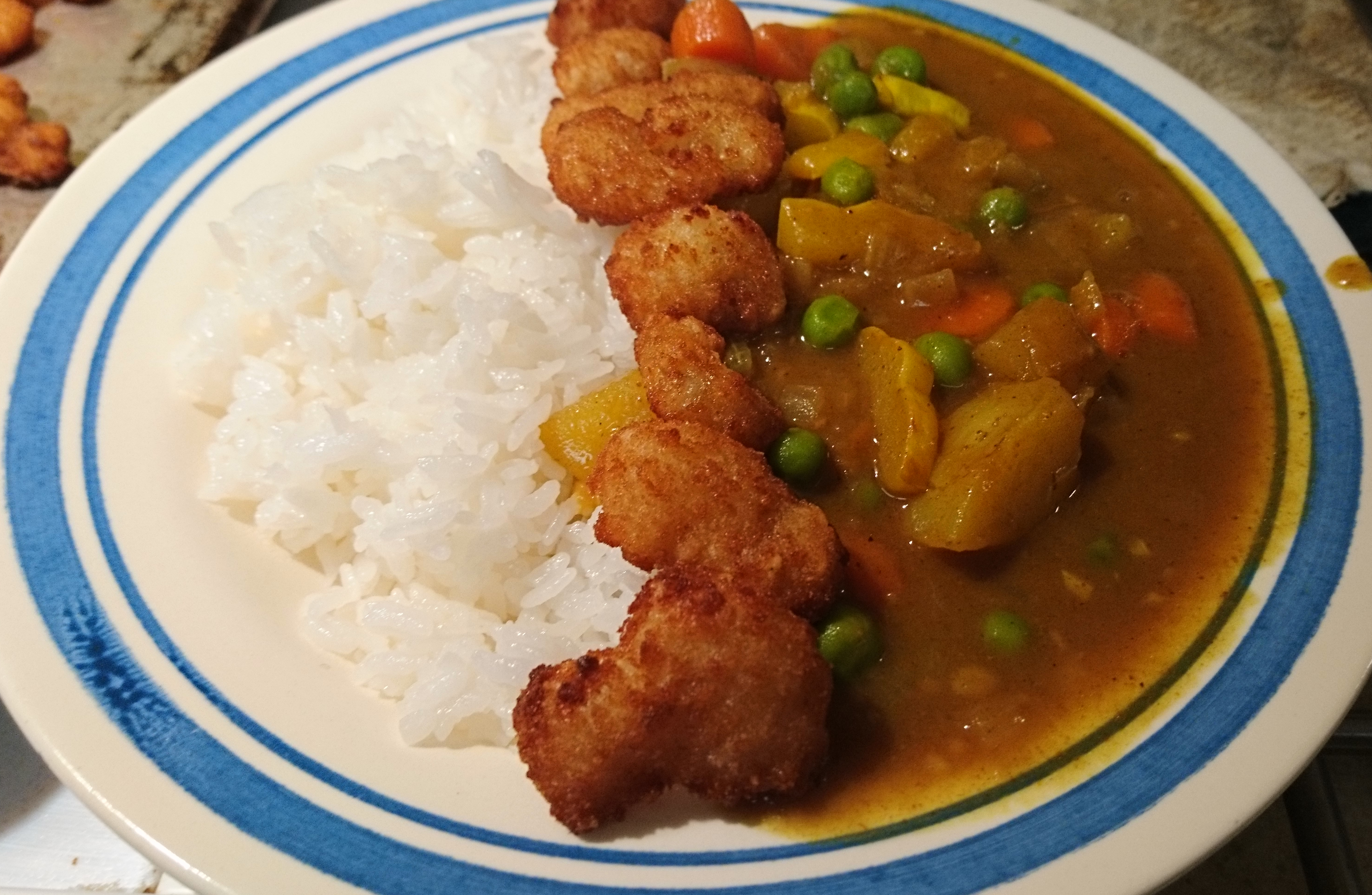 japanese curry, plated side-by-side with rice