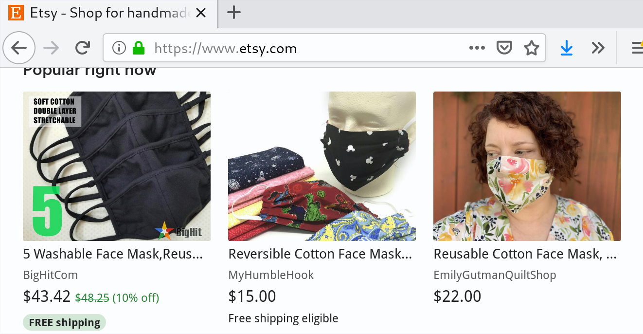 screenshot of Etsy listing handmade masks