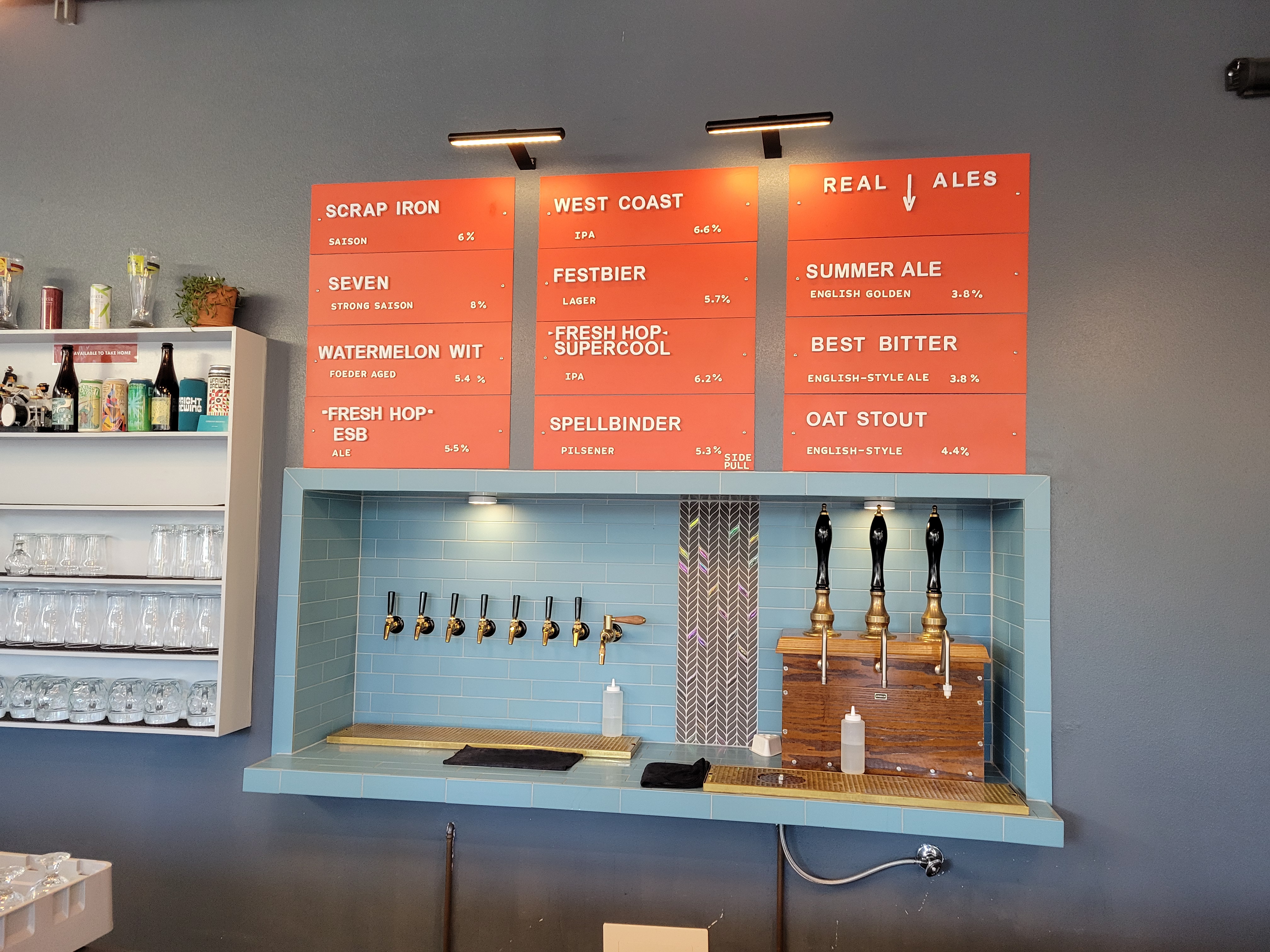 taps and beer menu at Upright Brewing