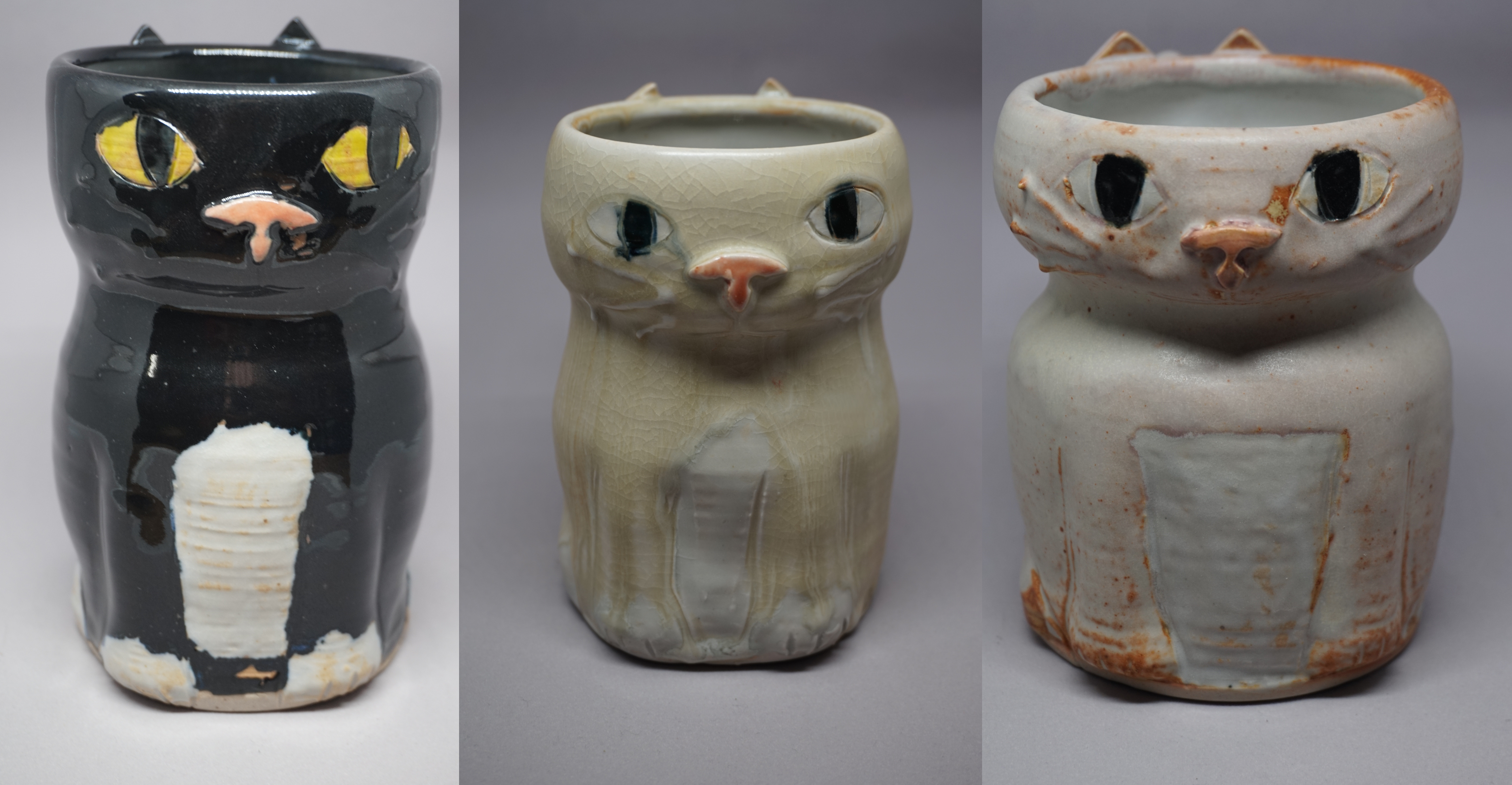 photo collage of three sculpted cat-shaped mugs, one black & white and the other two orange/white