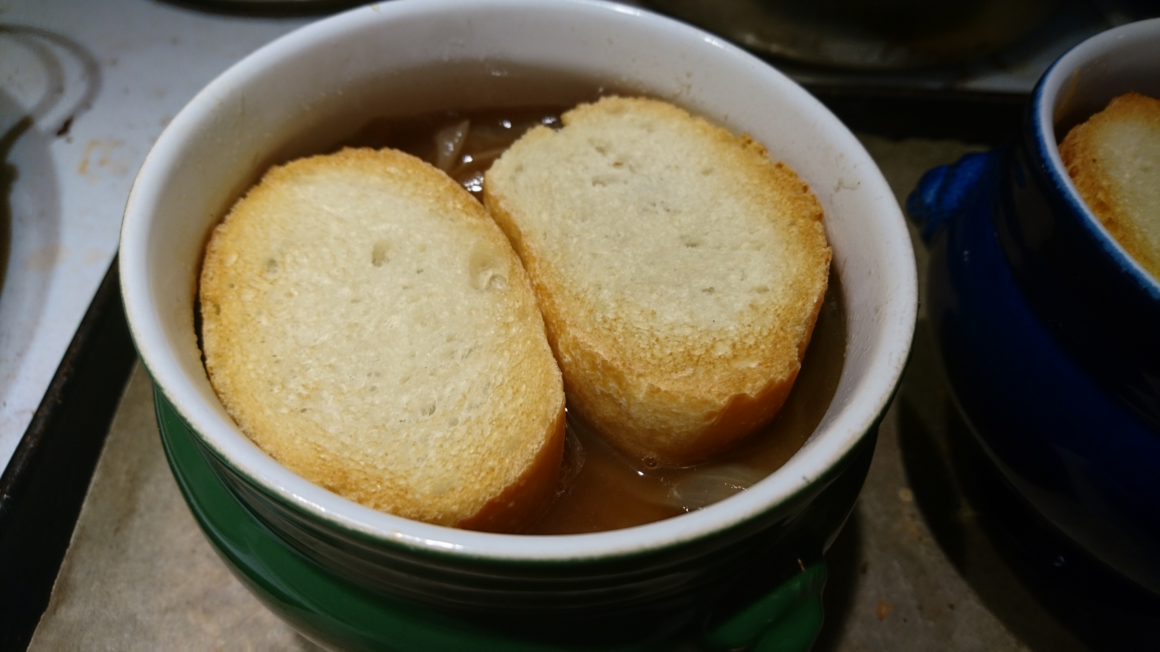 bowls with toasts on top
