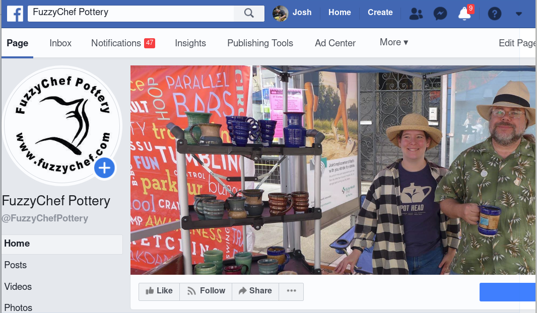 screenshot of Facebook page for pottery business