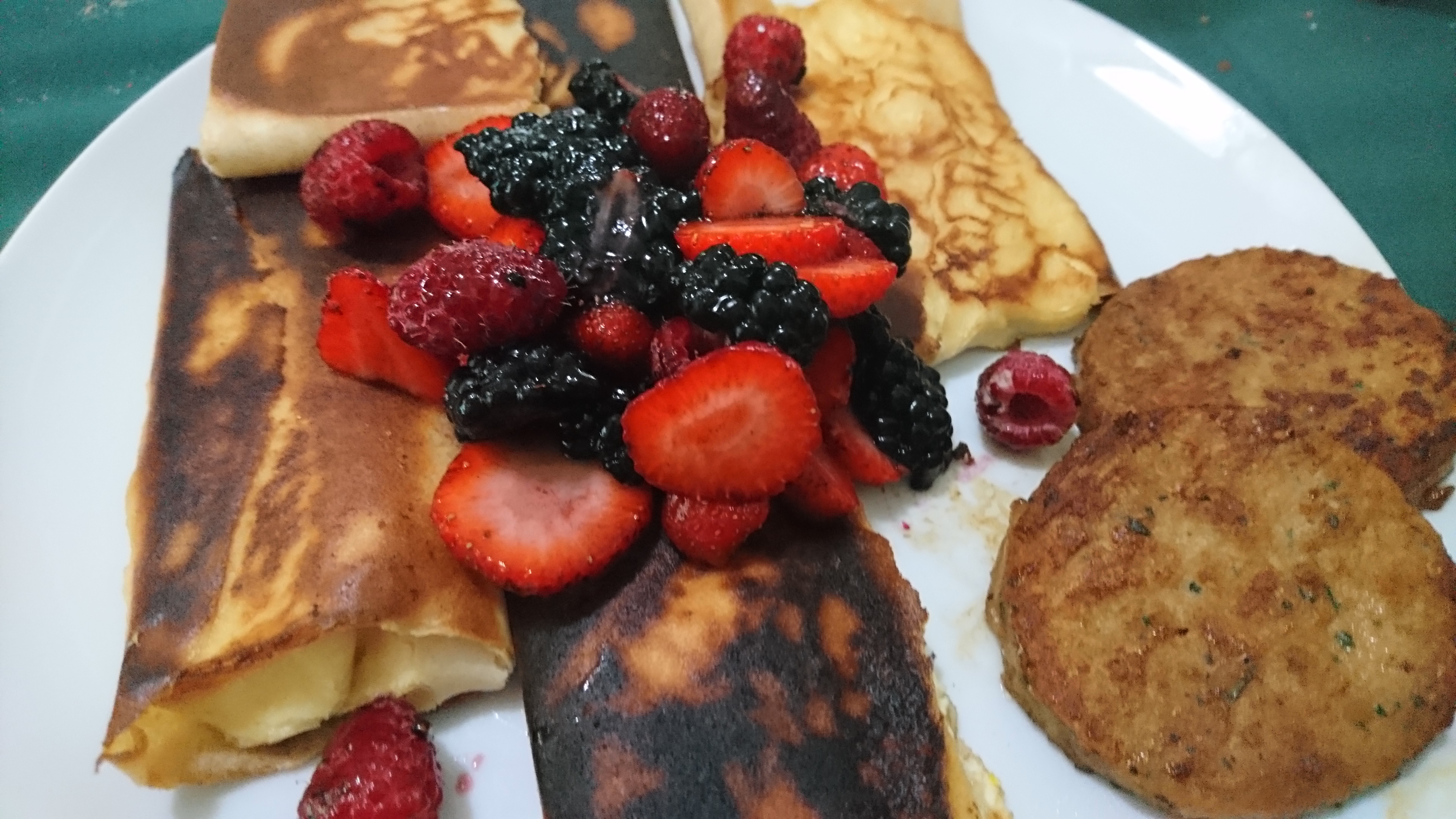 blintzes with berries and sausage