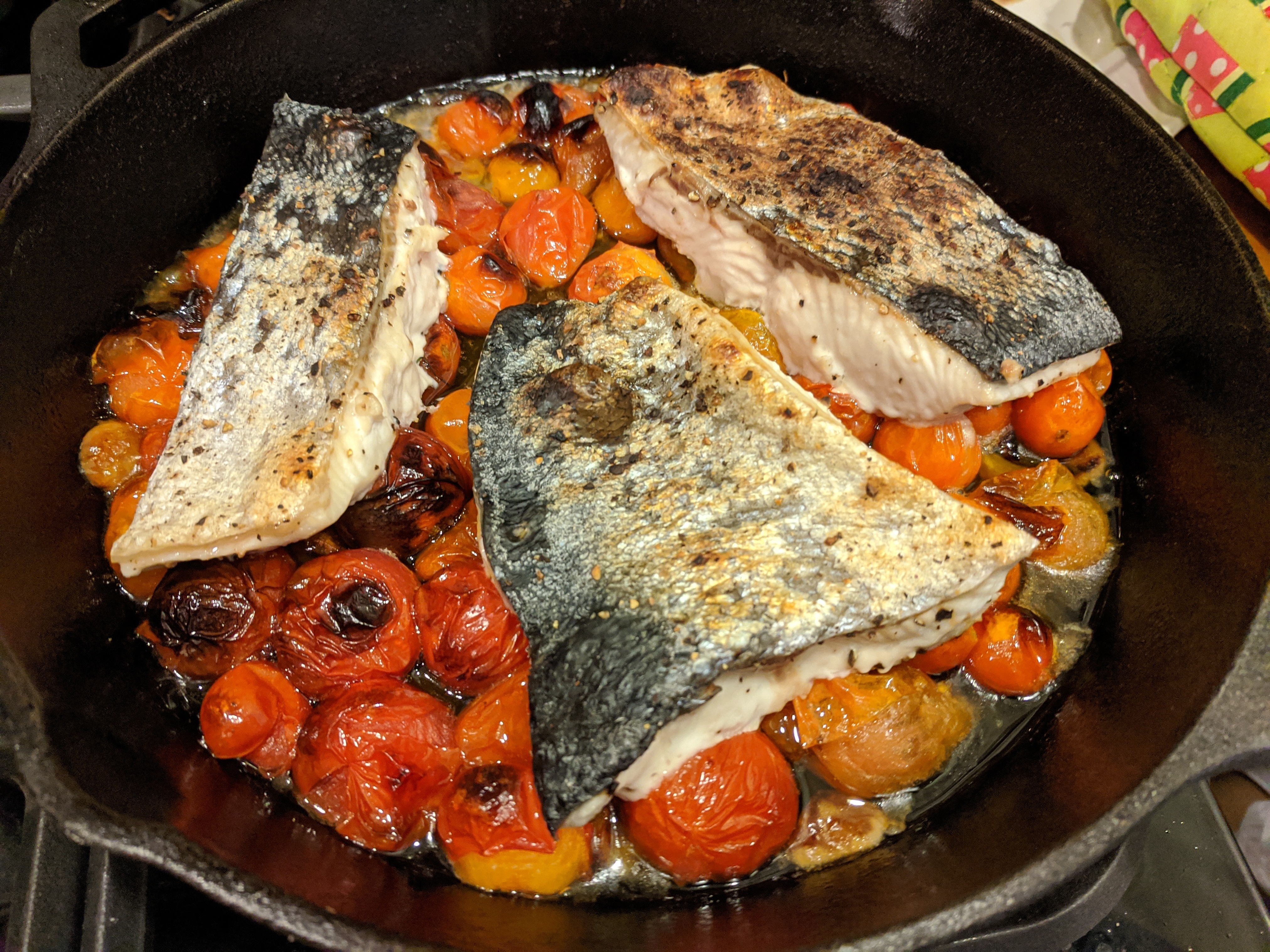 broiled white salmon in a pan of roasted cherry tomatoes