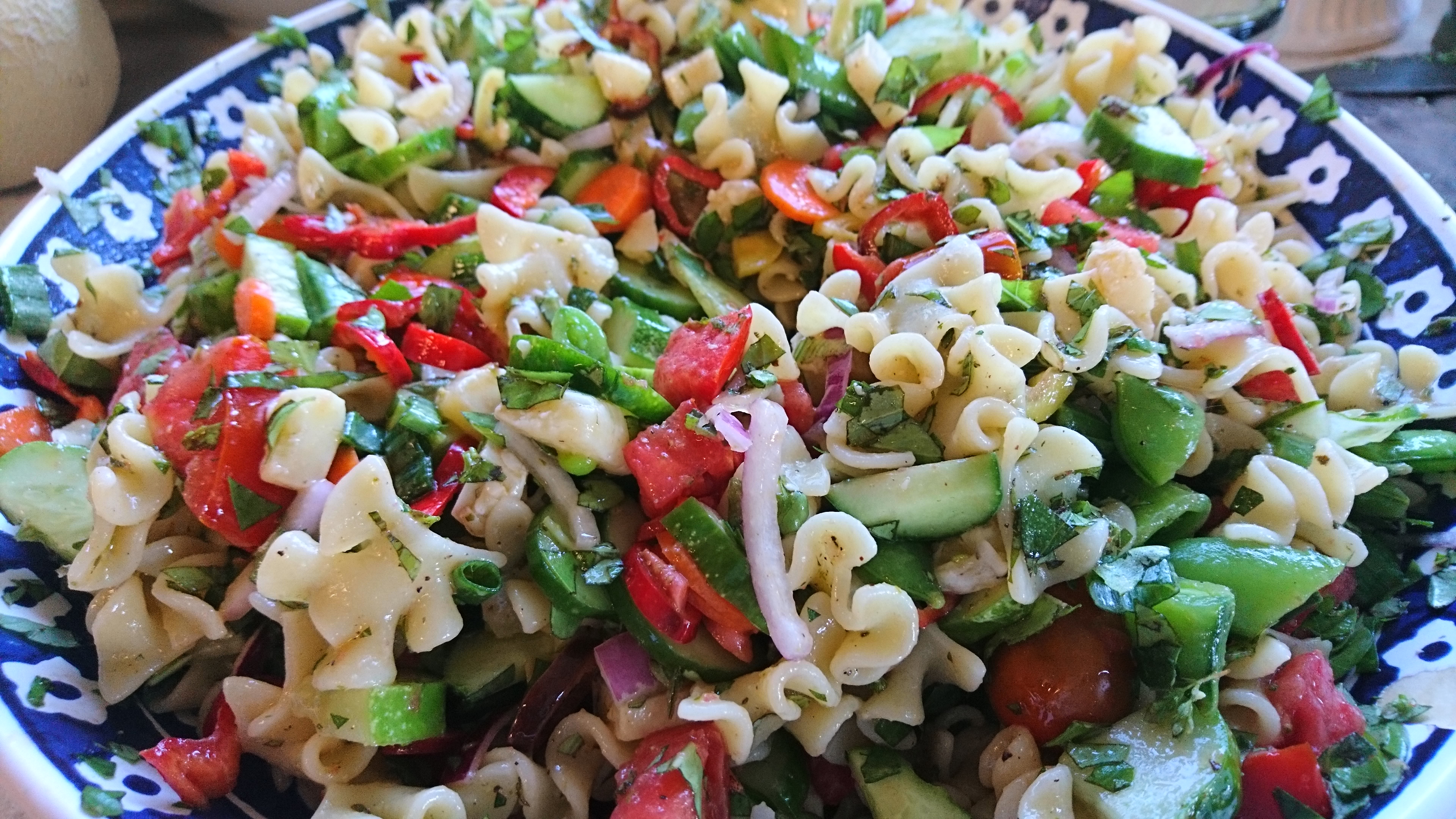 big bowl of pasta salad